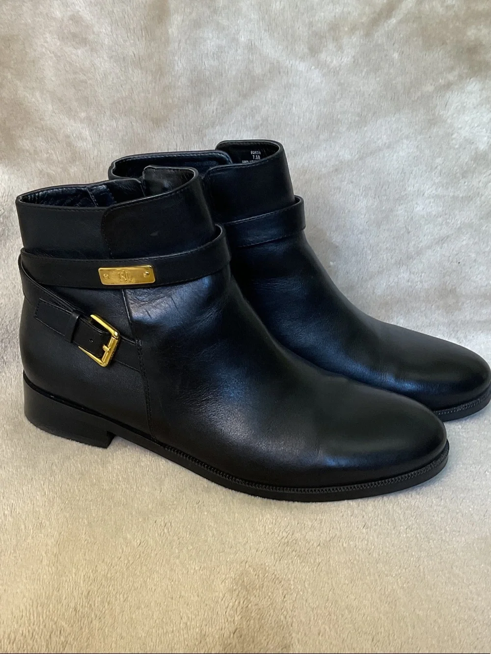 Lauren Ralph Lauren Black Leather Borgia Ankle Boots with Gold Buckle Size 7.5B